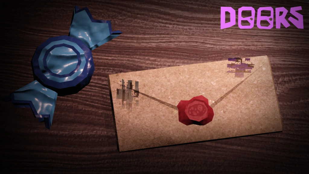 The Candy Vault invitation teaser in DOORS DOORS Candy Vault invitation envelope with a red seal on a wooden surface