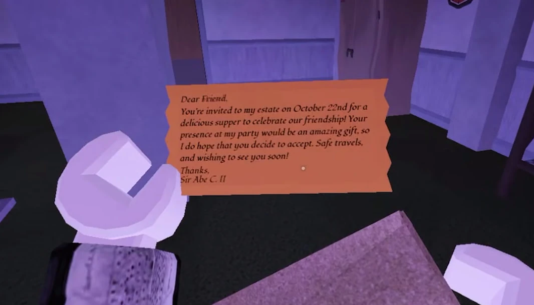The Candy Vault invitation letter text In-game DOORS invitation letter asking the player to visit an estate on October 22