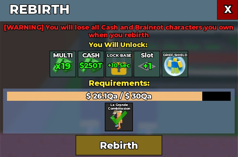 Painel do Renascimento 19 mostrando La Grande Combinasion, custo de 30 quadrilhões e recompensa Grief Shield