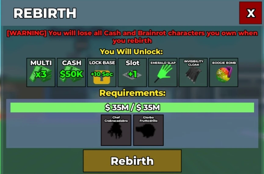 Painel do quarto Renascimento de Steal a Brainrot, exibindo requisitos de dinheiro, personagens e equipamentos